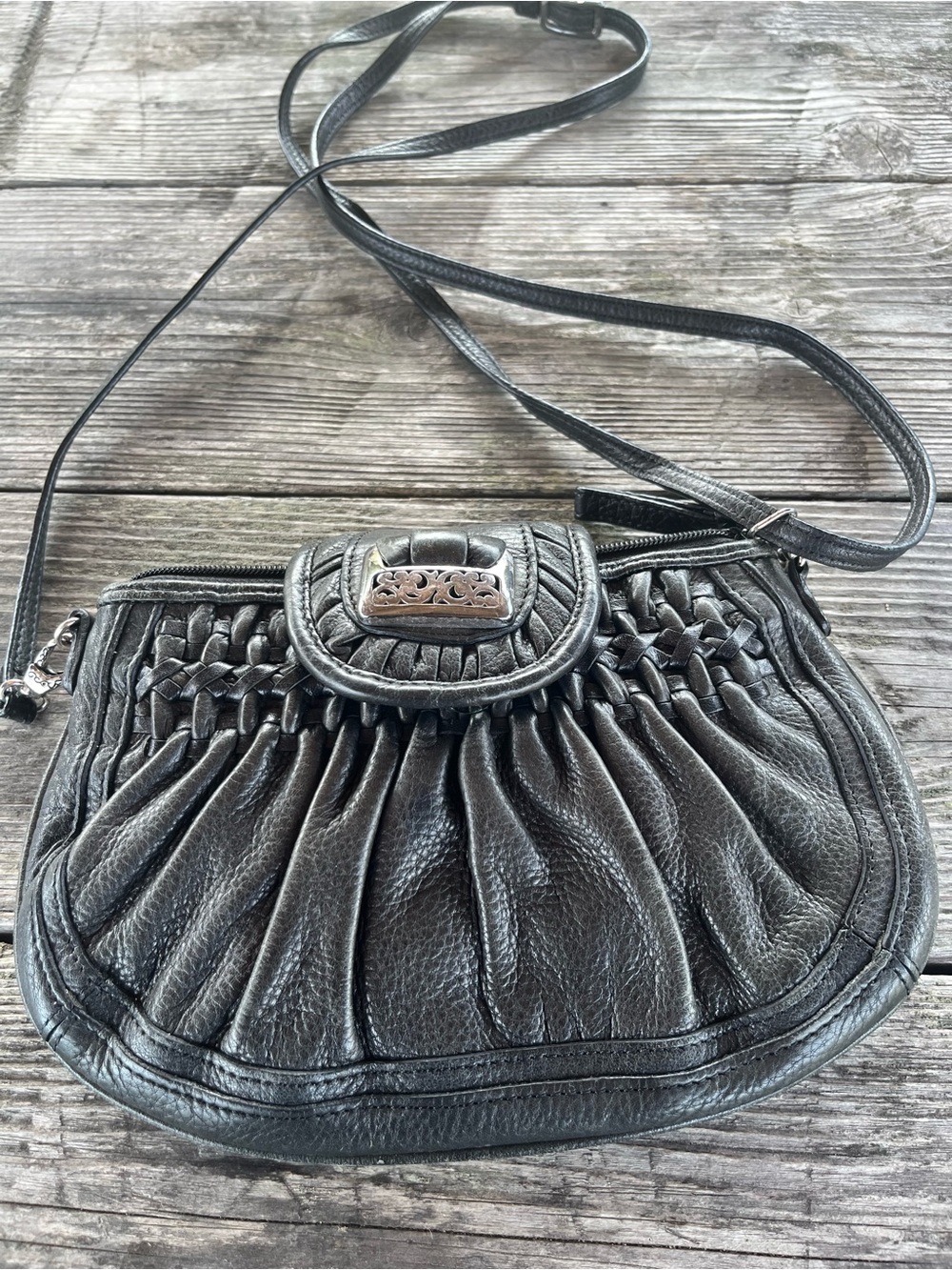 BRIGHTON Black Leather Crossbody Shoulder Bag - Stylish Pleated Design